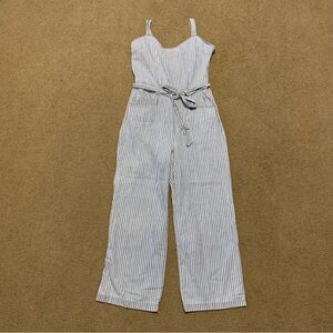 Rewash Jumpsuit Women Size S White Blue Striped Belted Pockets Waist Wide Strap